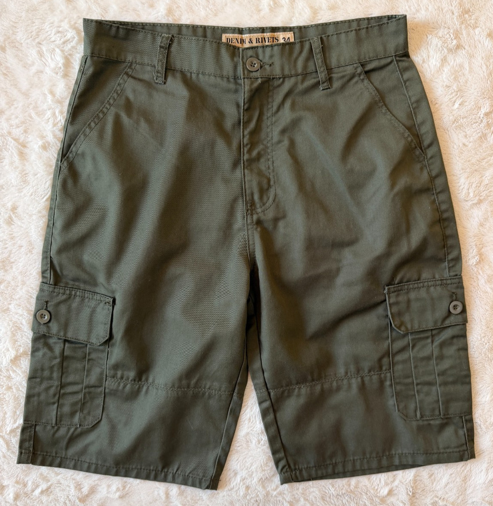 Denim & Rivets Cargo Shorts Men's 34 Olive Green Flat Front Cotton Twill EUC